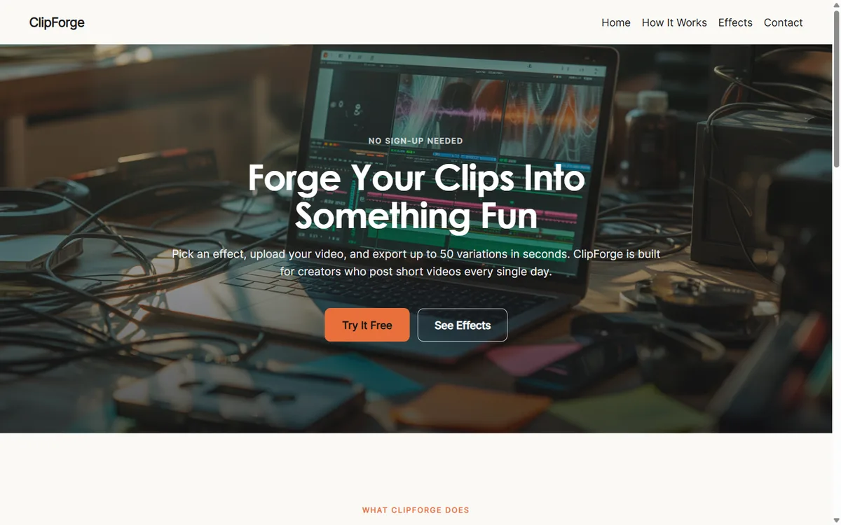 ClipForge, a video editing app landing page built by UpSailor